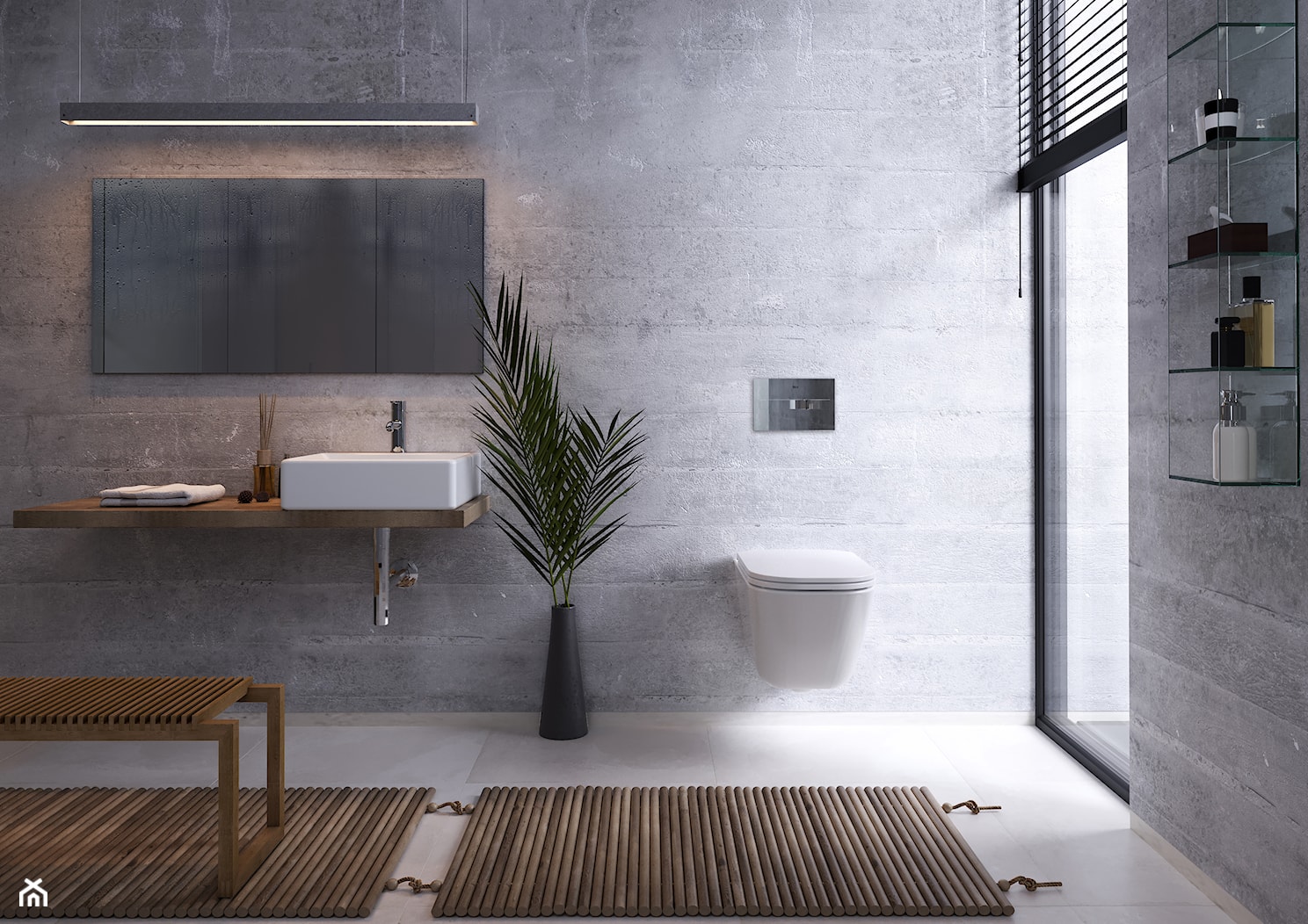 Industrialna łazienka z szarymi płytkami i umywalką nablatową - zdjęcie od Roca - Homebook