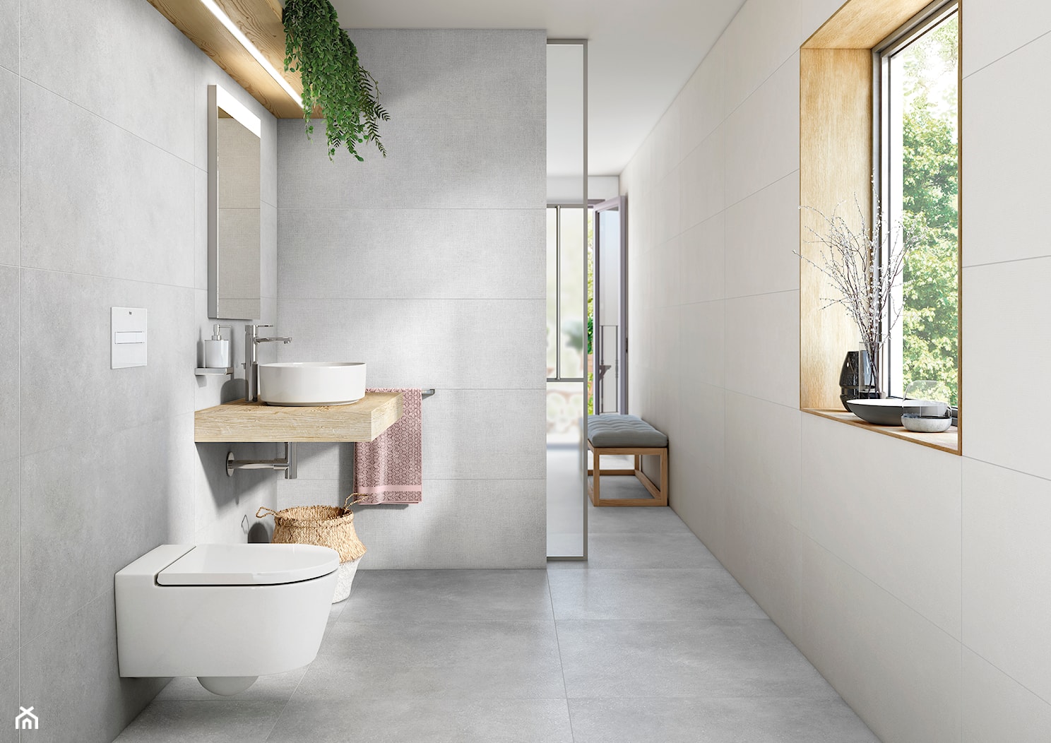 Jasna łazienka z płytkami imitującymi beton i umywalką nablatową - zdjęcie od Roca - Homebook