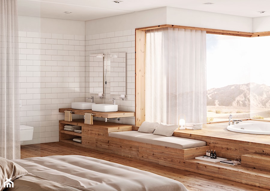 Biała łazienka z drewnem - zdjęcie od Roca