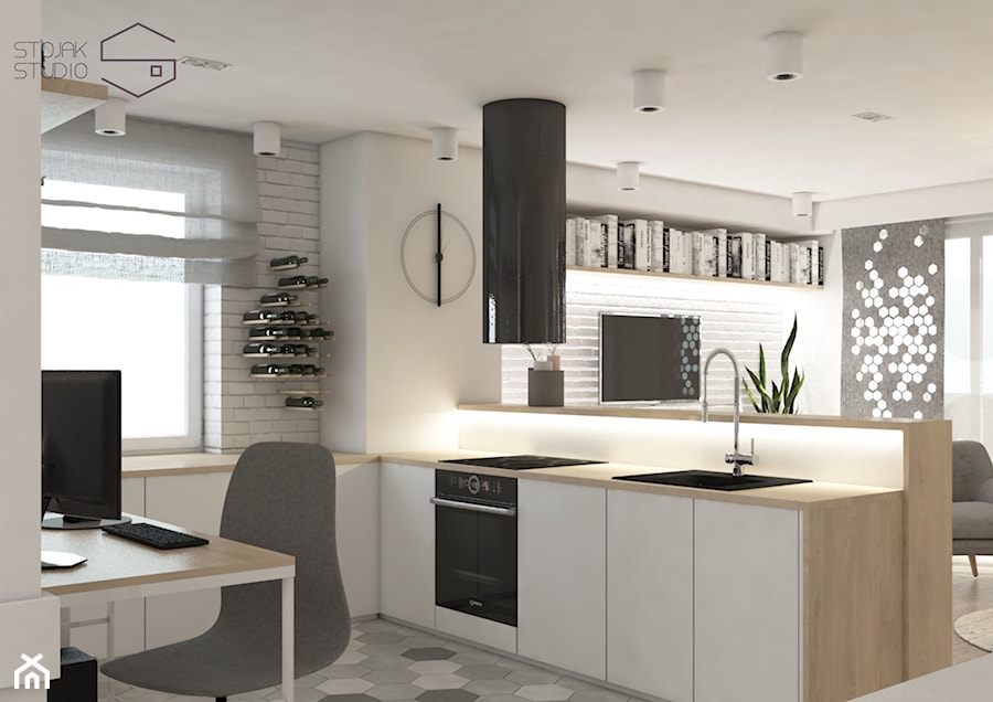 Projekt przytulnego mieszkania - Średnia otwarta z salonem biała z zabudowaną lodówką z nablatowym zlewozmywakiem kuchnia w kształcie litery u z oknem, styl nowoczesny - zdjęcie od Stojak Studio