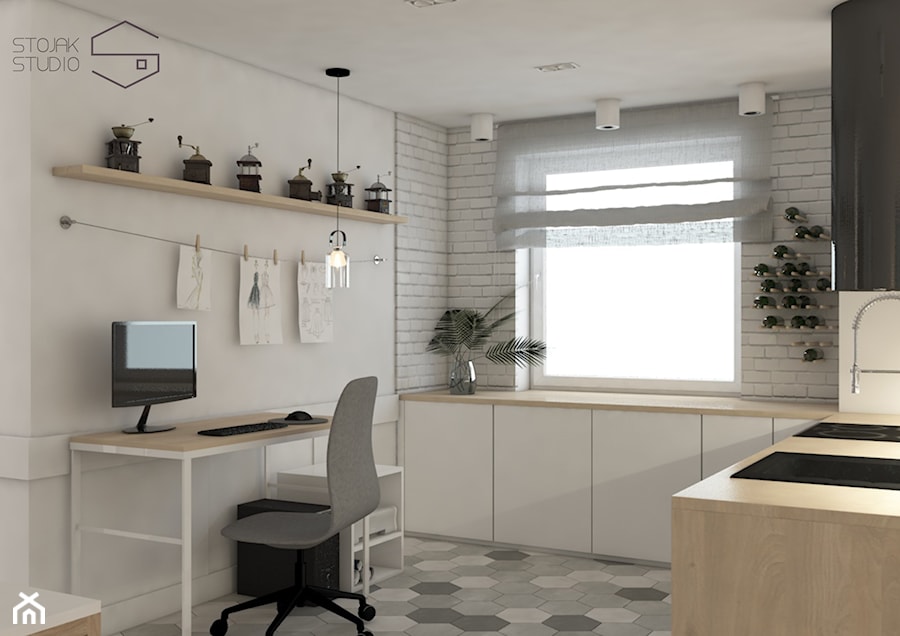 Projekt przytulnego mieszkania - Średnia otwarta z salonem biała szara z nablatowym zlewozmywakiem kuchnia w kształcie litery l z oknem, styl nowoczesny - zdjęcie od Stojak Studio