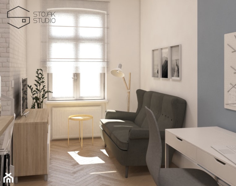 Niewielkie mieszkania na wynajem - Mały biały szary salon, styl skandynawski - zdjęcie od Stojak Studio