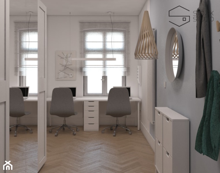 Niewielkie mieszkania na wynajem - Średni z wieszakiem biały hol / przedpokój, styl skandynawski - zdjęcie od Stojak Studio