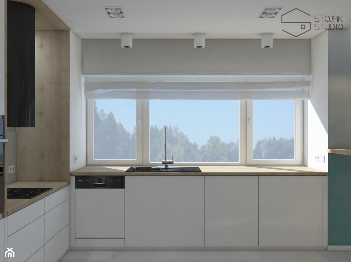 Dom nad Bzurą - Średnia otwarta biała z zabudowaną lodówką z nablatowym zlewozmywakiem kuchnia w kształcie litery l z oknem, styl nowoczesny - zdjęcie od Stojak Studio - Homebook