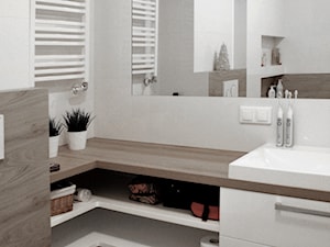 Realizacja łazienek wykończonych drewnopodobnymi płytkami - Łazienka, styl skandynawski - zdjęcie od Stojak Studio
