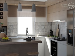 Kuchnia - Średnia otwarta biała z zabudowaną lodówką z lodówką wolnostojącą kuchnia w kształcie litery g z oknem, styl nowoczesny - zdjęcie od Stojak Studio