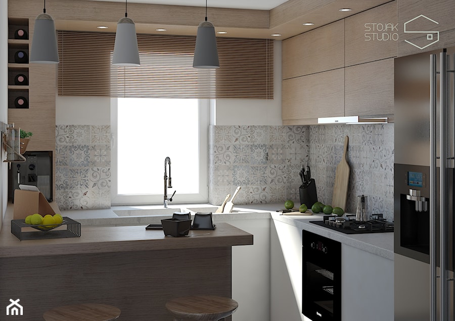 Kuchnia - Średnia otwarta biała z zabudowaną lodówką z lodówką wolnostojącą kuchnia w kształcie litery g z oknem, styl nowoczesny - zdjęcie od Stojak Studio