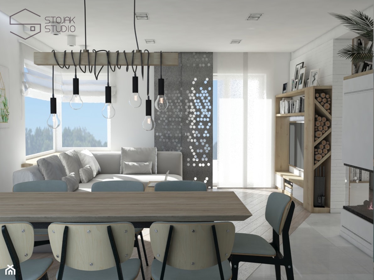 Dom nad Bzurą - Średnia szara jadalnia w salonie, styl nowoczesny - zdjęcie od Stojak Studio - Homebook