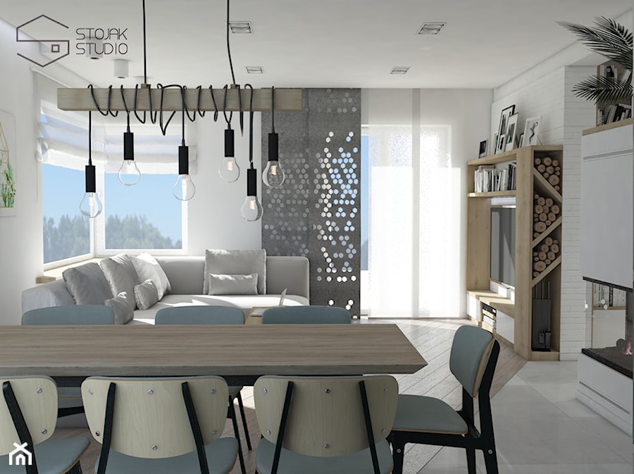 Dom nad Bzurą - Średnia szara jadalnia w salonie, styl nowoczesny - zdjęcie od Stojak Studio