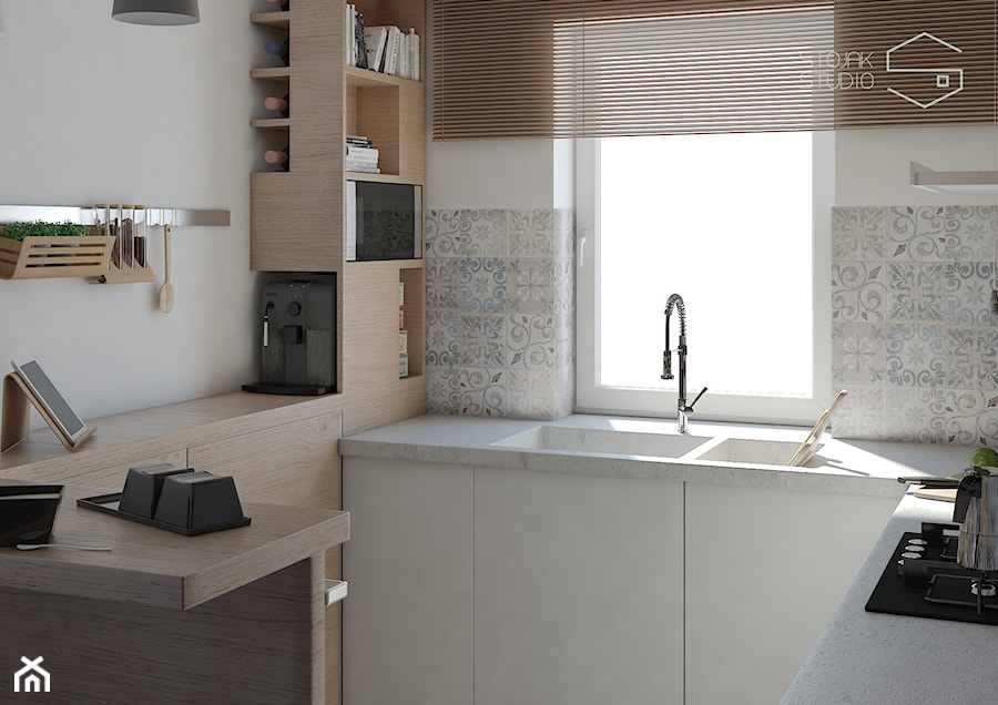 Kuchnia - Mała otwarta biała kuchnia w kształcie litery g z oknem, styl nowoczesny - zdjęcie od Stojak Studio