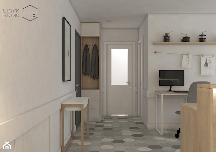 Projekt przytulnego mieszkania - Średni z wieszakiem biały hol / przedpokój, styl nowoczesny - zdjęcie od Stojak Studio