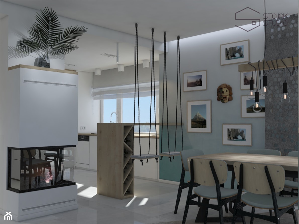 Dom nad Bzurą - Średnia biała szara jadalnia w salonie, styl nowoczesny - zdjęcie od Stojak Studio - Homebook