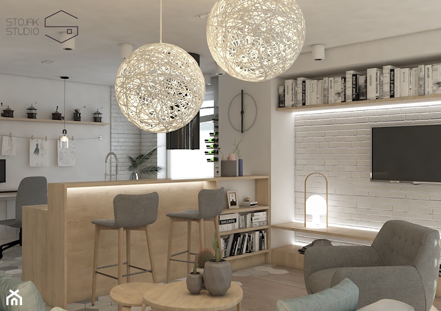 Projekt przytulnego mieszkania - Mały biały salon z jadalnią, styl nowoczesny - zdjęcie od Stojak Studio