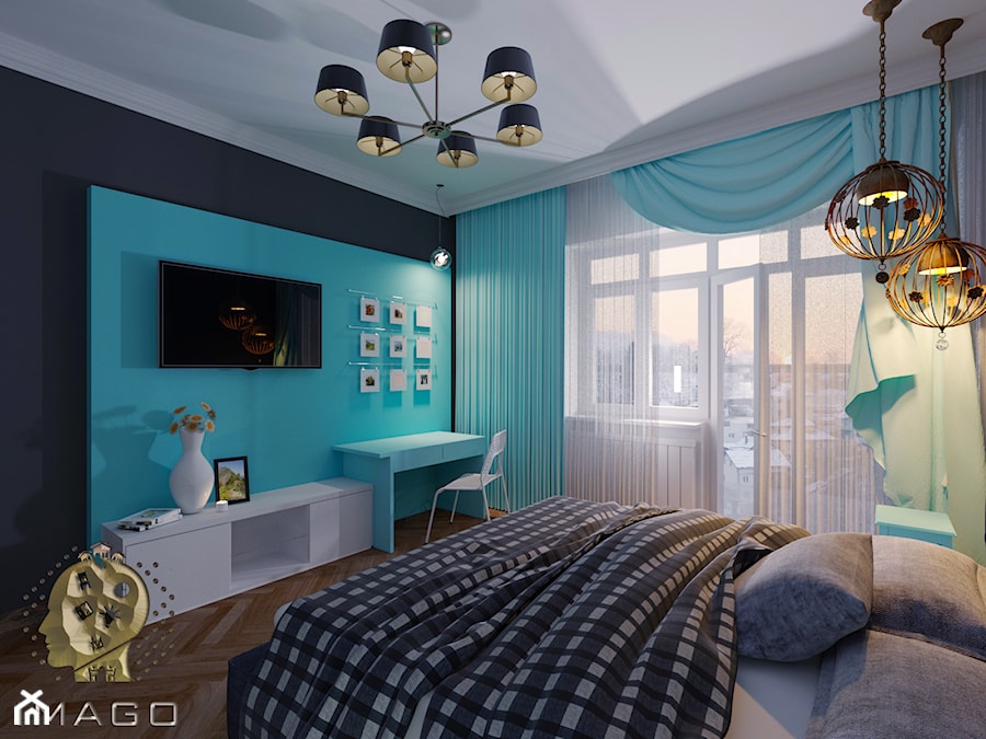 Sypialnia - Duża czarna niebieska z biurkiem sypialnia, styl tradycyjny - zdjęcie od Karolina Żaczek