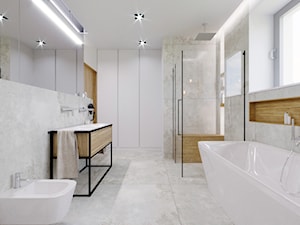 Projekt domu w Tychach - Średnia z dwoma umywalkami łazienka z oknem, styl nowoczesny - zdjęcie od Karolina Żaczek