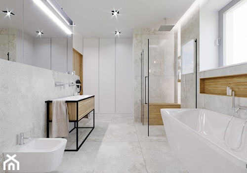 Projekt domu w Tychach - Średnia z dwoma umywalkami łazienka z oknem, styl nowoczesny - zdjęcie od Karolina Żaczek