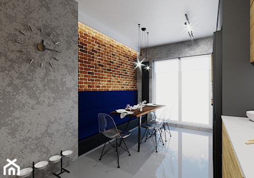 Mieszkanie w stylu industrialnym/nowoczesnym - Średnia zamknięta z kamiennym blatem czarna niebieska szara z zabudowaną lodówką kuchnia jednorzędowa z oknem, styl industrialny - zdjęcie od Karolina Żaczek