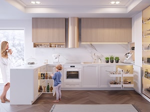Kuchnia - Średnia otwarta biała z zabudowaną lodówką z nablatowym zlewozmywakiem kuchnia w kształcie litery u z kompozytem na ścianie nad blatem kuchennym - zdjęcie od Rejs