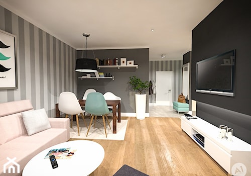 Projekt wnętrz mieszkania 70 m2 w Warszawie - Mały czarny szary salon z jadalnią, styl nowoczesny - zdjęcie od A1Studio