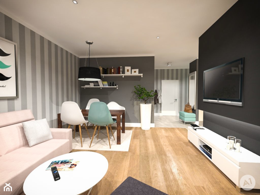 Projekt wnętrz mieszkania 70 m2 w Warszawie - Mały czarny szary salon z jadalnią, styl nowoczesny - zdjęcie od A1Studio - Homebook