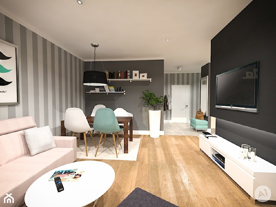 Projekt wnętrz mieszkania 70 m2 w Warszawie - Mały czarny szary salon z jadalnią, styl nowoczesny - zdjęcie od A1Studio