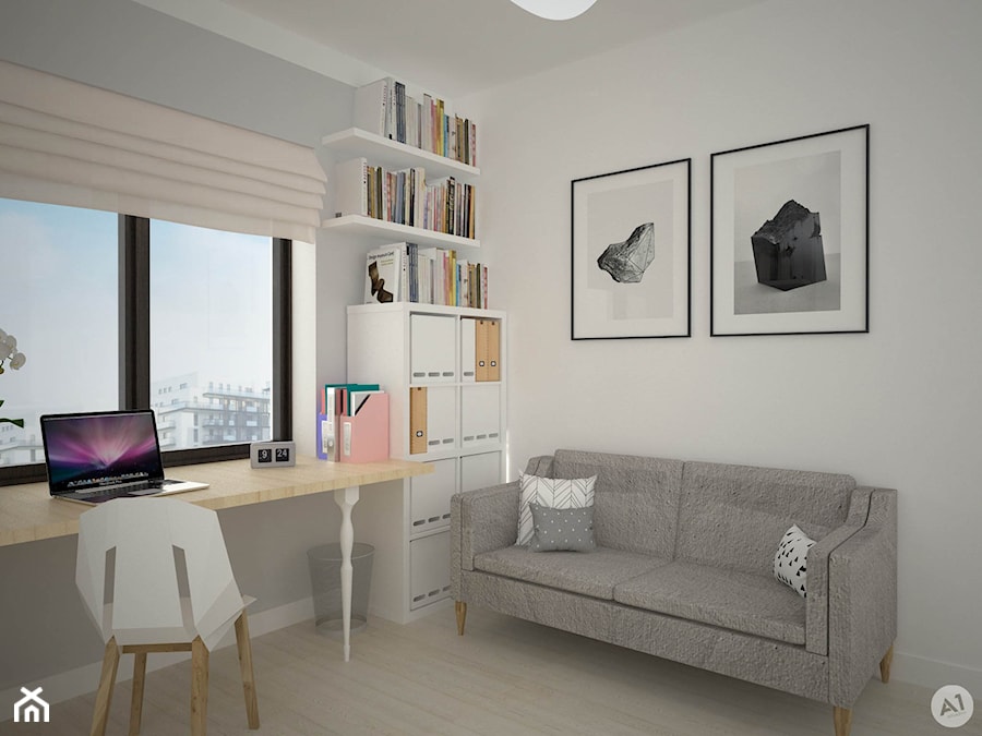 Projekt mieszkania 70 m2 ul. Sasanki, Warszawa - 'makeover' - Średnie z sofą białe biuro, styl skandynawski - zdjęcie od A1Studio