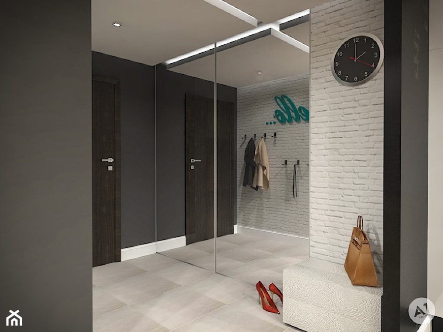 Projekt wnętrz mieszkania 53m2 w Warszawie - Średni z wieszakiem biały czarny hol / przedpokój, styl skandynawski - zdjęcie od A1Studio
