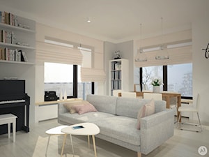 Projekt mieszkania 70 m2 ul. Sasanki, Warszawa - 'makeover' - Mały biały szary salon z jadalnią, styl skandynawski - zdjęcie od A1Studio