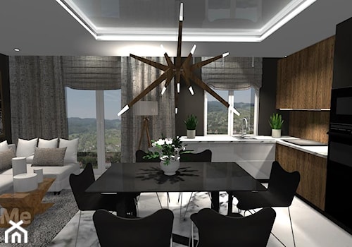 Projekt salonu z aneksem kuchennym - mieszkanie łącznie 65m2 w Płocku - Średnia czarna szara jadalnia w salonie w kuchni, styl nowoczesny - zdjęcie od DesignMe Projektowanie Wnętrz Sylwia Chmielewska
