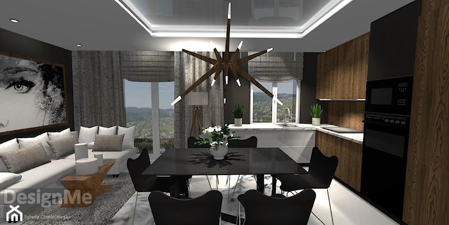 Projekt salonu z aneksem kuchennym - mieszkanie łącznie 65m2 w Płocku - Średnia czarna szara jadalnia w salonie w kuchni, styl nowoczesny - zdjęcie od DesignMe Projektowanie Wnętrz Sylwia Chmielewska