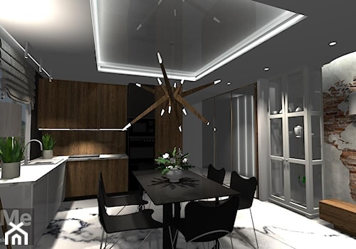 Projekt salonu z aneksem kuchennym - mieszkanie łącznie 65m2 w Płocku - Duża otwarta z kamiennym blatem szara z zabudowaną lodówką z nablatowym zlewozmywakiem kuchnia w kształcie litery l z oknem, styl nowoczesny - zdjęcie od DesignMe Projektowanie Wnętrz Sylwia Chmielewska