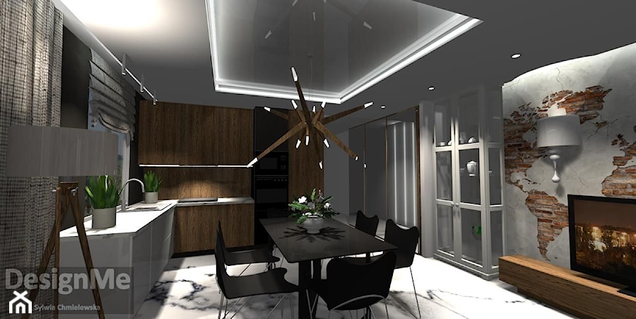 Projekt salonu z aneksem kuchennym - mieszkanie łącznie 65m2 w Płocku - Duża otwarta z kamiennym blatem szara z zabudowaną lodówką z nablatowym zlewozmywakiem kuchnia w kształcie litery l z oknem, styl nowoczesny - zdjęcie od DesignMe Projektowanie Wnętrz Sylwia Chmielewska