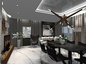 Projekt salonu z aneksem kuchennym - mieszkanie łącznie 65m2 w Płocku - Średni czarny szary salon z jadalnią, styl nowoczesny - zdjęcie od DesignMe Projektowanie Wnętrz Sylwia Chmielewska
