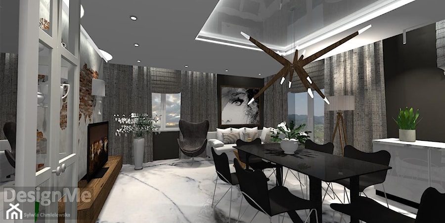 Projekt salonu z aneksem kuchennym - mieszkanie łącznie 65m2 w Płocku - Średni czarny szary salon z jadalnią, styl nowoczesny - zdjęcie od DesignMe Projektowanie Wnętrz Sylwia Chmielewska