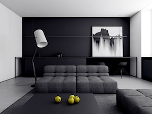 MIESZKANIE W ŁODZI - Średni biały czarny salon z kuchnią z jadalnią, styl minimalistyczny - zdjęcie od INUTI