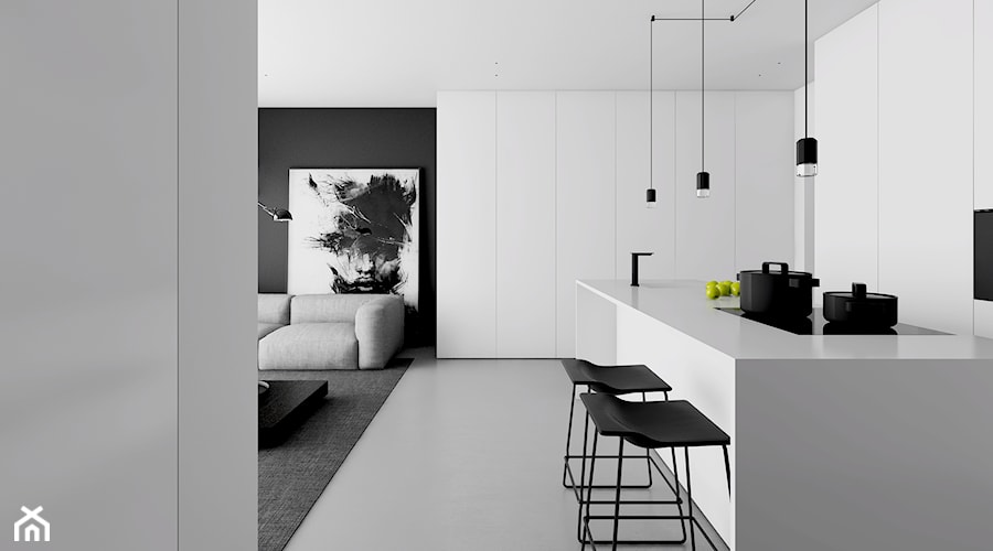 APARTAMENT W ŁODZI - Duża otwarta z salonem z zabudowaną lodówką kuchnia w kształcie litery l z wyspą lub półwyspem, styl minimalistyczny - zdjęcie od INUTI
