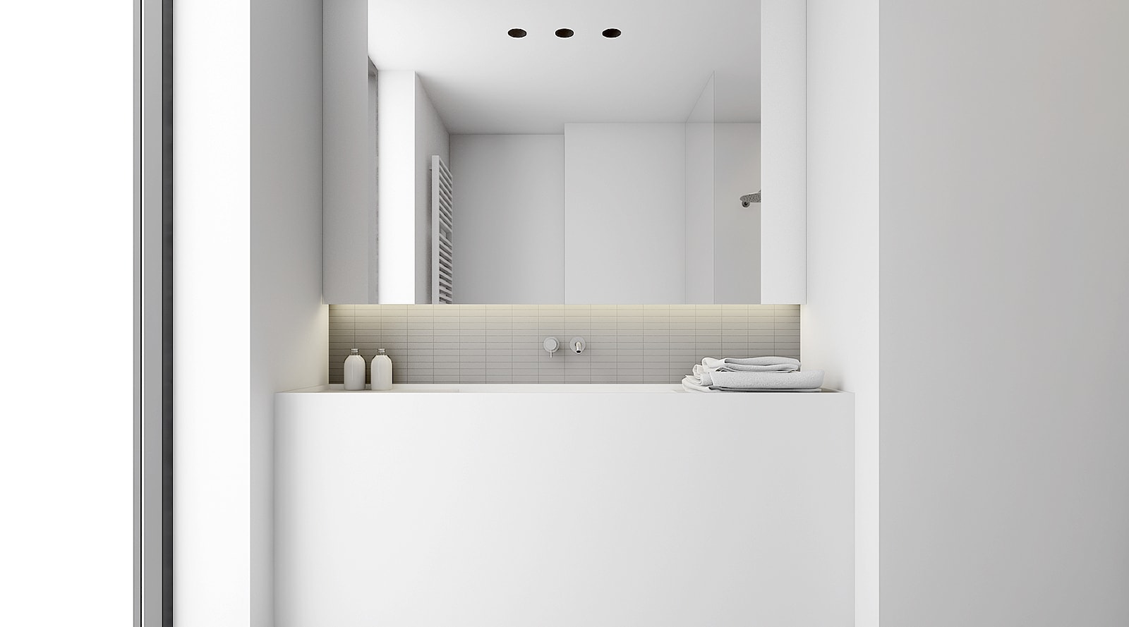 WNĘTRZA DOMU SZEREGOWEGO - Z lustrem z punktowym oświetleniem łazienka z oknem, styl minimalistyczny - zdjęcie od INUTI - Homebook