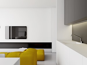 WNĘTRZA DOMU SZEREGOWEGO - Średni biały czarny salon z kuchnią z jadalnią, styl minimalistyczny - zdjęcie od INUTI