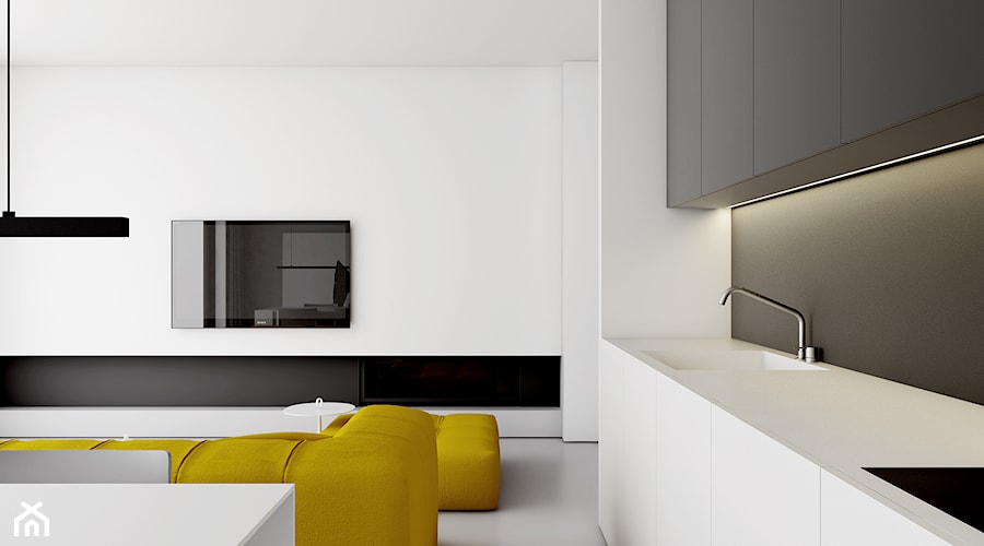 WNĘTRZA DOMU SZEREGOWEGO - Średni biały czarny salon z kuchnią z jadalnią, styl minimalistyczny - zdjęcie od INUTI