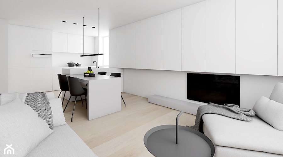 APARTAMENT W SZTOKHOLMIE - Mały biały salon z kuchnią z jadalnią, styl minimalistyczny - zdjęcie od INUTI
