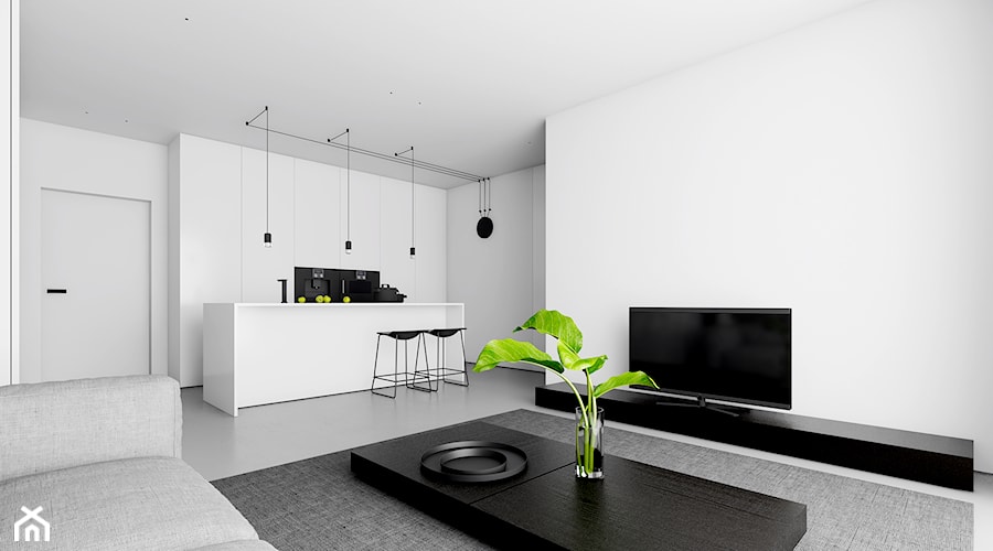 APARTAMENT W ŁODZI - Duży biały salon z kuchnią z jadalnią, styl minimalistyczny - zdjęcie od INUTI