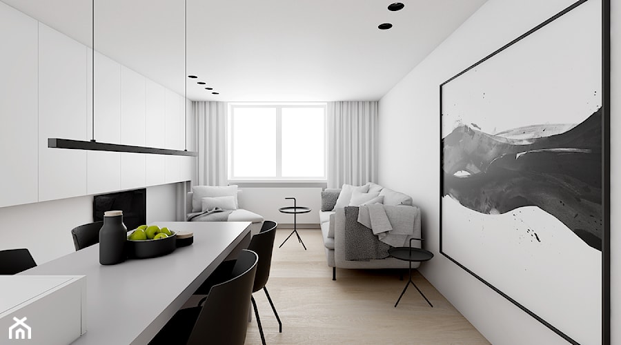 APARTAMENT W SZTOKHOLMIE - Mały szary salon z jadalnią, styl minimalistyczny - zdjęcie od INUTI