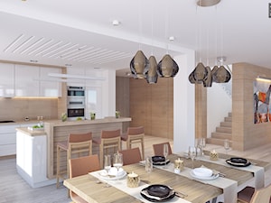 salon z kuchnią - Duża otwarta z salonem biała z zabudowaną lodówką kuchnia jednorzędowa z wyspą lub półwyspem z oknem, styl nowoczesny - zdjęcie od APP TRENDY Autorska Pracownia Projektowa