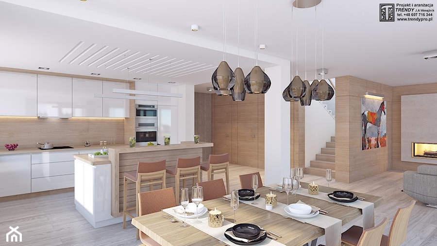 salon z kuchnią - Duża otwarta z salonem biała z zabudowaną lodówką kuchnia jednorzędowa z wyspą lub półwyspem z oknem, styl nowoczesny - zdjęcie od APP TRENDY Autorska Pracownia Projektowa