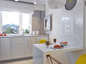 kuchnia 33 - Mała otwarta biała z zabudowaną lodówką z nablatowym zlewozmywakiem kuchnia w kształcie litery l z oknem, styl nowoczesny - zdjęcie od APP TRENDY Autorska Pracownia Projektowa