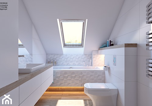 łazienka biała - Mała na poddaszu łazienka z oknem, styl nowoczesny - zdjęcie od APP TRENDY Autorska Pracownia Projektowa