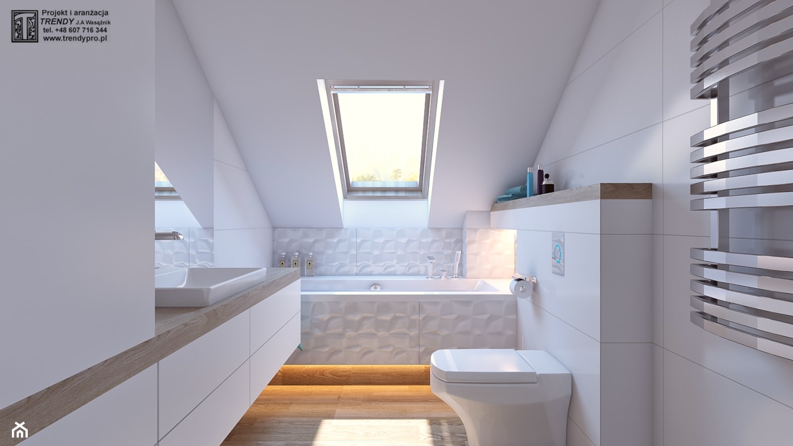 łazienka biała - Mała na poddaszu łazienka z oknem, styl nowoczesny - zdjęcie od APP TRENDY Autorska Pracownia Projektowa - Homebook