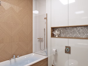 łazienka biała + drewno 11 - Mała z punktowym oświetleniem łazienka, styl nowoczesny - zdjęcie od APP TRENDY Autorska Pracownia Projektowa