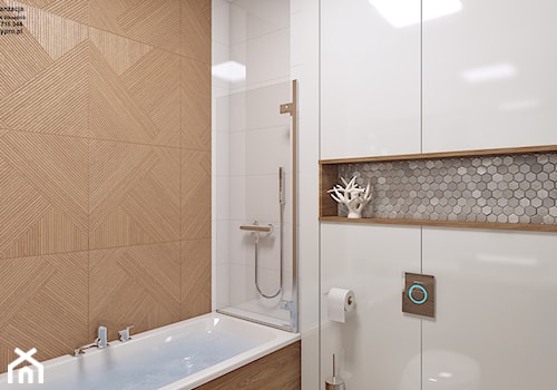 łazienka biała + drewno 11 - Mała z punktowym oświetleniem łazienka, styl nowoczesny - zdjęcie od APP TRENDY Autorska Pracownia Projektowa