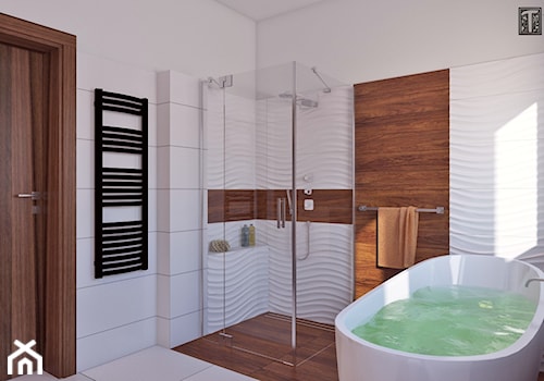 łazienka z drewnem - Średnia łazienka z oknem, styl nowoczesny - zdjęcie od APP TRENDY Autorska Pracownia Projektowa
